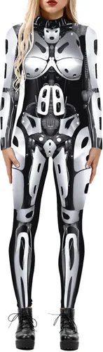 Vista 17 de Enterizo de mujer con estampado de esqueleto de robot mecánico 3D para Halloween, disfraz de cosplay