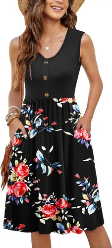 Vista 15 de MOLERANI - Vestidos de verano para mujer, sin mangas, casual, sueltos, acampanados, midi, con botones, con bolsillos Estampado Azul Marino Blanco