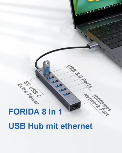 Vista 3 de FORIDA Aluminum USB to Ethernet Adapter with 7-Port USB Hub, RJ45 Adapter Gray