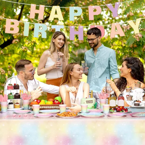 Vista 6 de Teling 172 piezas de decoraciones de cumpleaños de arcoíris, platos de arcoíris pastel, platos de cumpleaños y servilletas para 24, mantel de papel