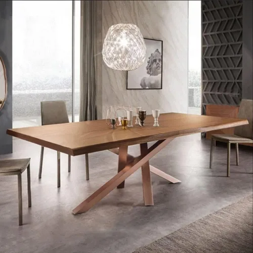 Vista 5 de Mesa de comedor moderna con parte superior de madera maciza de pino, mesa rectangular con pedestal contemporánea con base metálica para el hogar
