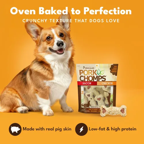 Vista 2 de Pork Chomps Masticables para perros, huesos crujientes de 4 pulgadas, sabor a tocino y pollo, 12