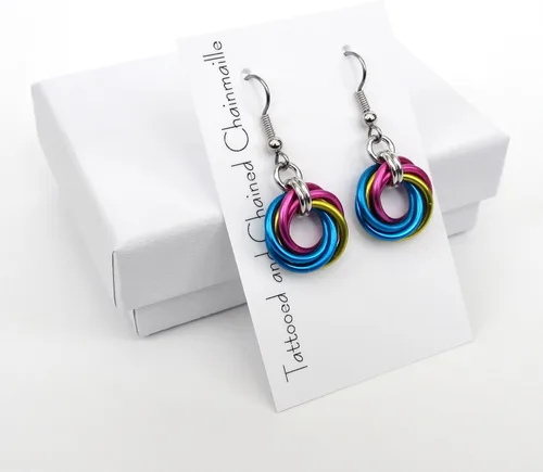 Vista 6 de Pansexual pride earrings, handmade chainmail love knot jewelry; pink, yellow, blue