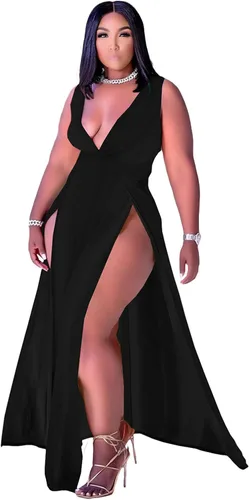 Vista 2 de Ekaliy - Vestido largo cruzado sin mangas con cuello en V profundo y abertura frontal para mujer