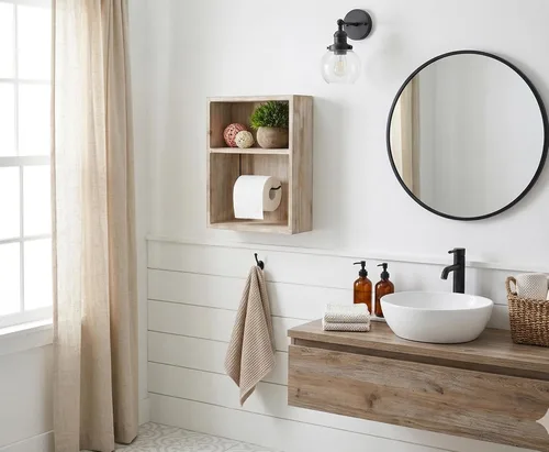Vista 4 de Soporte de papel higiénico para montaje en pared, dispensador de rollo de papel de seda decorativo, estante flotante, gabinete empotrado