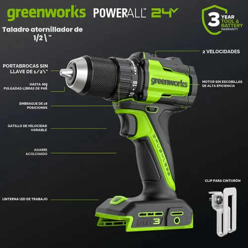 Vista 6 de Greenworks - Taladro inalámbrico sin escobillas de 24 V, 400 pulgadas-libras más combo de destornillador de 1950pulgadas-libras, alto par, ligero