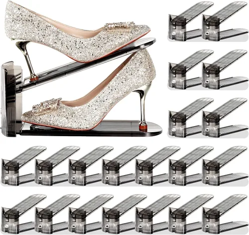 Vista 13 de Organizador de ranuras para zapatos, paquete de 10 unidades, apiladores de zapatos, 3 niveles ajustables, ahorro de espacio del 50%, soportes