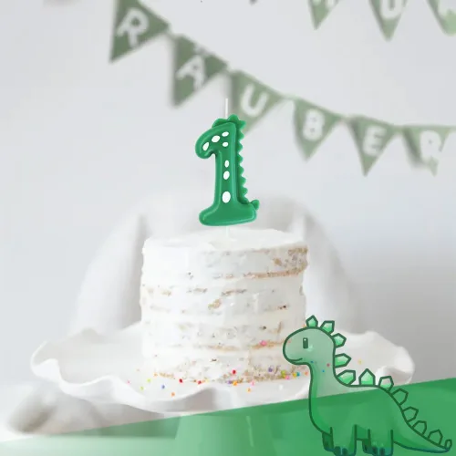 Vista 3 de Vela de cumpleaños verde 0, velas de dinosaurio de 2.76 pulgadas con número de fiesta temática para pastel