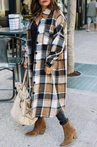 Vista 5 de Yousify Chaqueta larga con solapa a cuadros para mujer cepillada con botones y bolsillos