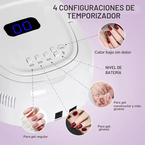Vista 5 de Lámpara de uñas LED UV inalámbrica, secadora de uñas recargable de 60 W, luz de curado de esmalte de uñas para manicura con sensor automático y 4