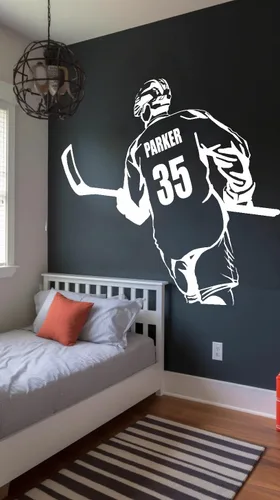 Vista 10 de Calcomanía de pared personalizada de jugador de hockey con nombre y número personalizados, arte de pared de vinilo para entusiastas