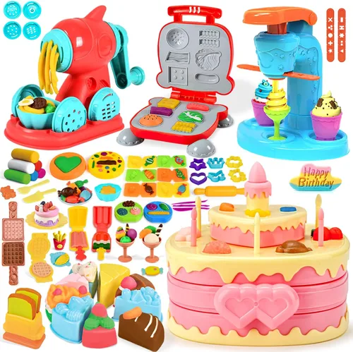 Vista 10 de SOCBTNSO Juego de masa 3 en 1, 59 piezas para niños de 4 a 8 años, kit de herramientas de masa con máquina para hacer helados, fideos