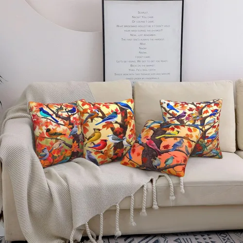 Vista 4 de Ouqiuwa Juego de 4 fundas de almohada coloridas con diseño de pájaros de 12 x 12 pulgadas, cuadradas, decorativas, con hojas de arce otoñales