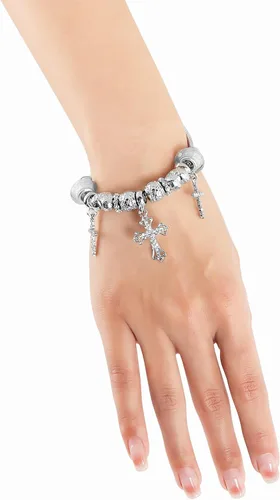 Vista 2 de Pulsera de dije para mujer, con cuentas de cristal y forma de cruz de cristal con circonita cúbica, cadena de serpiente, pulsera de moda con dije