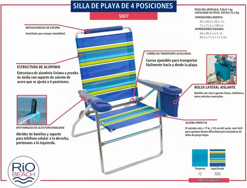 Vista 9 de Rio Brands Silla plegable de 17" de altura extendida con 4 posiciones para playa, camping y jardín, color azul/blanco/verde