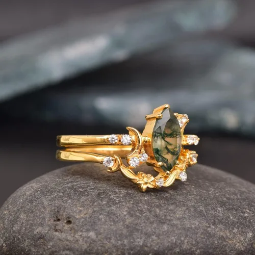 Vista 5 de DREAMSOFDAZZLE - Anillo de compromiso para mujer, diseño de luna de mi vida, corte marquesa, ágata musgo, juego de anillos de compromiso de novia