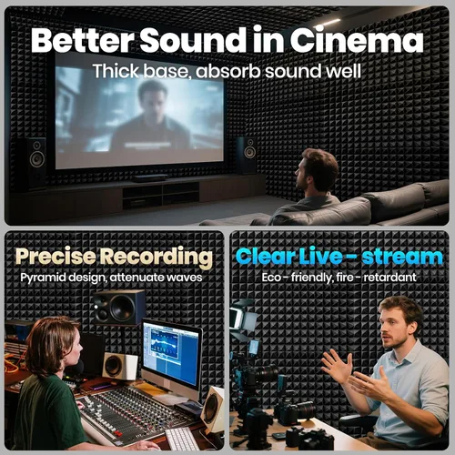 Vista 2 de Focusound Paneles acústicos grises, paquete de 24 unidades de 2 x 12 x 12 pulgadas con 120 adhesivos de doble cara, espuma piramidal a prueba