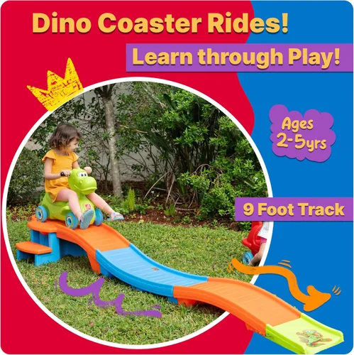 Vista 3 de Step2 Dino Dash Up & Down Roller Coaster para niños, vehículo de juguete para empujar, juego de interior/exterior, hecho de plástico duradero