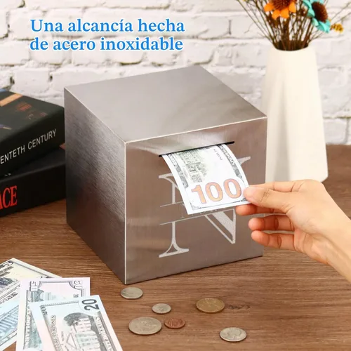 Vista 6 de Hucha de acero inoxidable grabada personalizada con nombre (4.7 pulgadas)