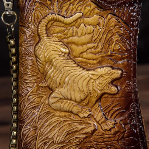 Vista 5 de Le'aokuu Organizador de billetera plegable de cuero genuino para hombre con cadena de hierro, 1088 Tigre Oro, M, Cartera plegable