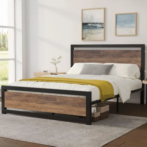 Vista 3 de ikalido Base de cama de plataforma de metal completo con cabecero y estribo de madera, soportes fuertes de metal resistente, base de colchón,