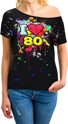 Vista 4 de Geyoga Disfraz de los años 80 para mujer, talla grande, ropa de gran tamaño, color neón de los años 80 con hombros descubiertos