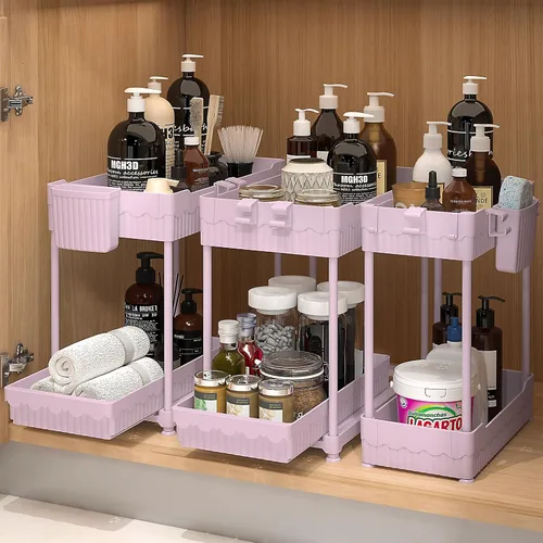 Vista 11 de Sevenblue Paquete de 3 organizadores para debajo del fregadero, organizadores multiusos de cocina y baño de 2 niveles y almacenamiento con cajones