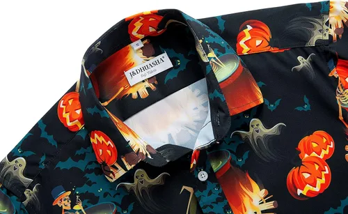 Vista 4 de J&DHUASHA Camisa de Halloween para hombre, diseño de calabazas divertidas, manga corta, con botones, hawaiana