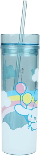 Vista 2 de Bioworld Cinnamoroll - Vaso de viaje en globo, 16 onzas, transparente, azul, delgado, acrílico, con popote