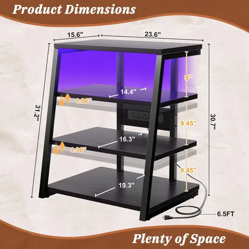 Vista 3 de Soporte multimedia AV de 4 niveles con tiras de alimentación, soporte estéreo con luces LED, torre de audio en rack con estantes ajustables, pequeño