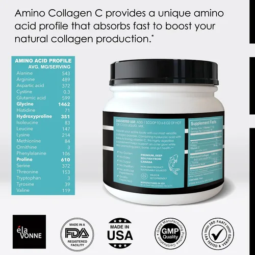 Vista 5 de Amino colágeno C con ácido hialurónico (60 porciones 16oz_16.08 oz) – Péptidos de colágeno marino sin OMG – Polvo hidrolizado – Sin sabor – Sin