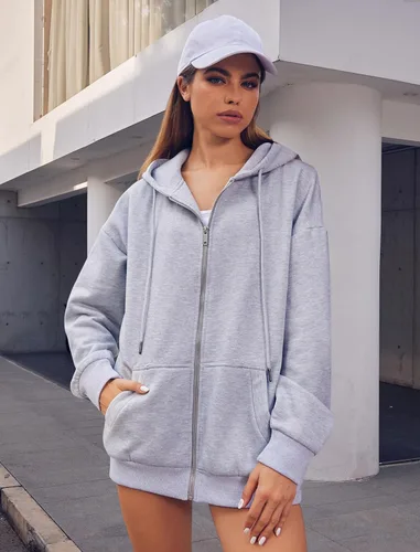 Vista 2 de Zeagoo Sudaderas con capucha y cremallera de gran tamaño para mujer, chaqueta de forro polar, casual, otoño e invierno, sudaderas con cordón Y2K