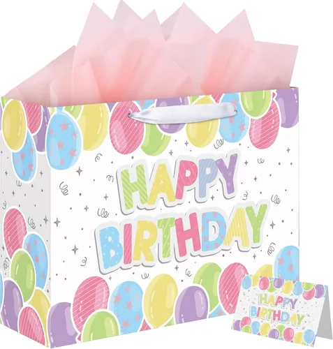 Vista 8 de woric Bolsa de regalo grande de 14.5 pulgadas, bolsas de regalo de cumpleaños azules con papel de seda y tarjeta de felicitación para niños y niñas