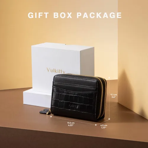 Vista 7 de Vulkitty Cartera elegante de piel con bloqueo RFID para mujer, cartera delgada con capacidad para hasta 14 tarjetas y dinero en efectivo, Negro