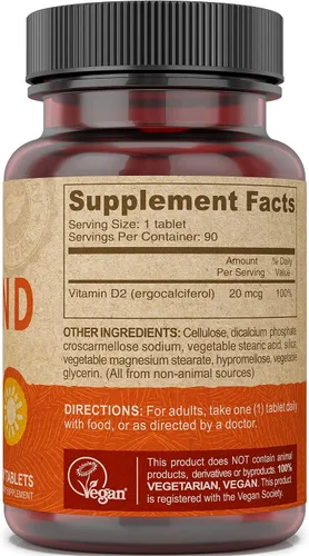 Vista 3 de Deva Vitamina D2 vegana 60 mcg 2400 UI, suplemento de ergocalciferol sin ingredientes animales, 90 tabletas, 1 paquete