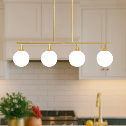 Vista 14 de Iluminación de isla de cocina de 4 luces, lámpara cromada para comedor, luz de isla para colgar sobre la mesa para candelabros lineales de granja