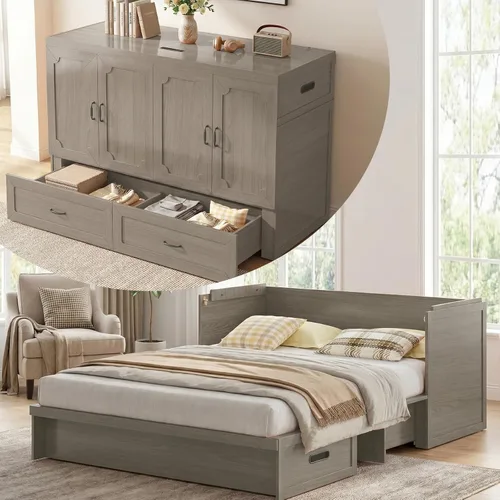 Vista 11 de Mjkone Murphy - Cama Queen Murphy con estación de carga USB y colchón de espuma viscoelástica de tres pliegues, armario oculto con cajón de Gris