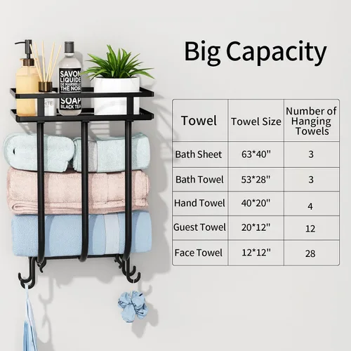 Vista 6 de Toalleros para baño, toallero montado en la pared con estante de metal y 4 ganchos para colgar, estante de toallas para baño pequeño, puede contener