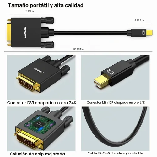 Vista 6 de BENFEI Cable Mini DisplayPort a DVI de 3 pies, Thunderbolt a DVI 1 Paquete