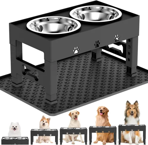 Vista 13 de LAKIPETN Tazones elevados para perros con 2 cuencos de acero inoxidable, soporte elevado para comida para perros, 5 alturas ajustables