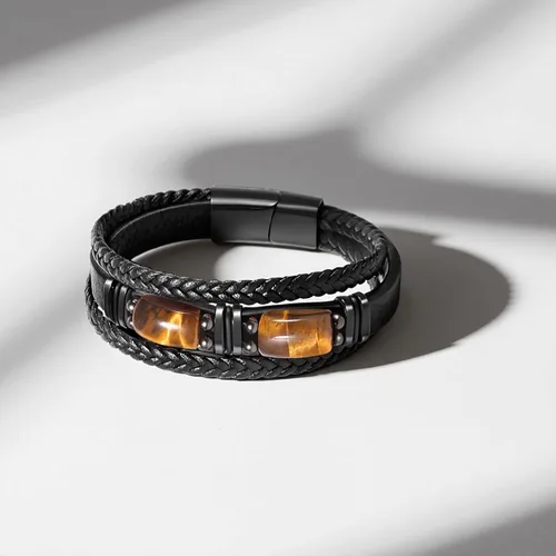 Vista 4 de Pulsera de cuero negro de ojo de tigre para hombre, piedra preciosa de ojo de tigre natural, joyería hecha a mano, pulsera de protección