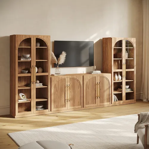 Vista 13 de BELLEZE Centro de entretenimiento modular de 4 piezas con almacenamiento, 2 vitrinas de madera moderna con gabinete arqueado y 2 armarios de puerta