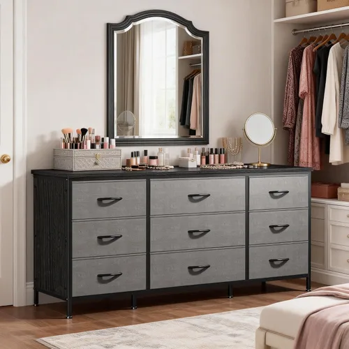 Vista 9 de EnHomee Cómoda para dormitorio, soporte de TV de 9 cajones para TV de 55 o 60 pulgadas, gran centro de entretenimiento, cómoda ancha para armario