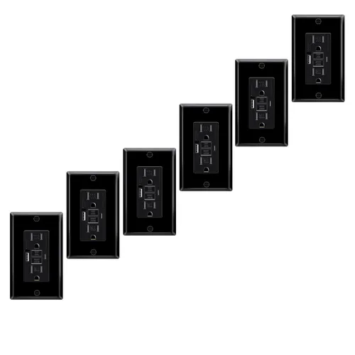 Vista 61 de Toma GFCI negra de 15 amperios con puertos USB C y USB-A, 1 unidad de 24 W de autotprueba GFCI USB Combo con indicador LED, resistente a