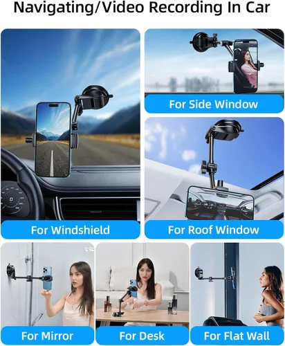 Vista 6 de Soporte para teléfono de automóvil para parabrisas y ventana, grabación de video, filmación de vlogging, multiángulo ajustable y giratorio y sin