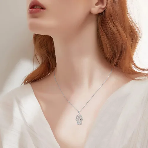 Vista 5 de PELOVNY Collares para mujer, regalo para el día de la madre, collar de plata de ley 925, colgante de mano de Fatima, árbol de fatima, elefante