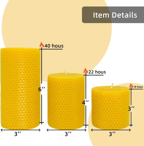 Vista 2 de Juego de 3 velas de pilar de cera de abejas, tamaño 3 x 6 pulgadas, 3 x 4 pulgadas y 3 x 3 pulgadas, hoja de vela de cera de abejas naturales