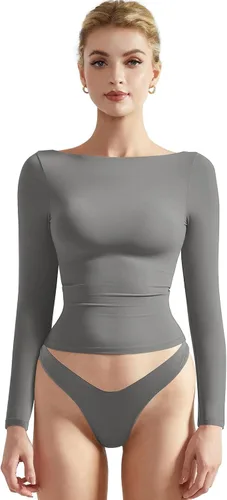 Vista 13 de SUUKSESS Camiseta de mujer con cuello redondo, manga larga, doblemente forrada, ajustada y corta Negro