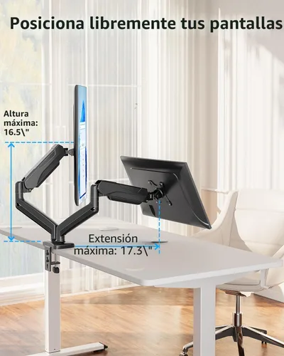 Vista 6 de MOUNTUP Soporte de monitor doble para escritorio, brazos de monitor para 2 monitores de 32, 27, 24, 22 pulgadas, soporte de monitor doble ajustable