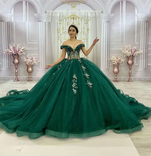 Vista 5 de Zhangyo V cuello dulce 16 vestidos de quinceañera vestido de bola hinchado fuera del hombro vestido de 15 años tul vestido de fiesta CXL050